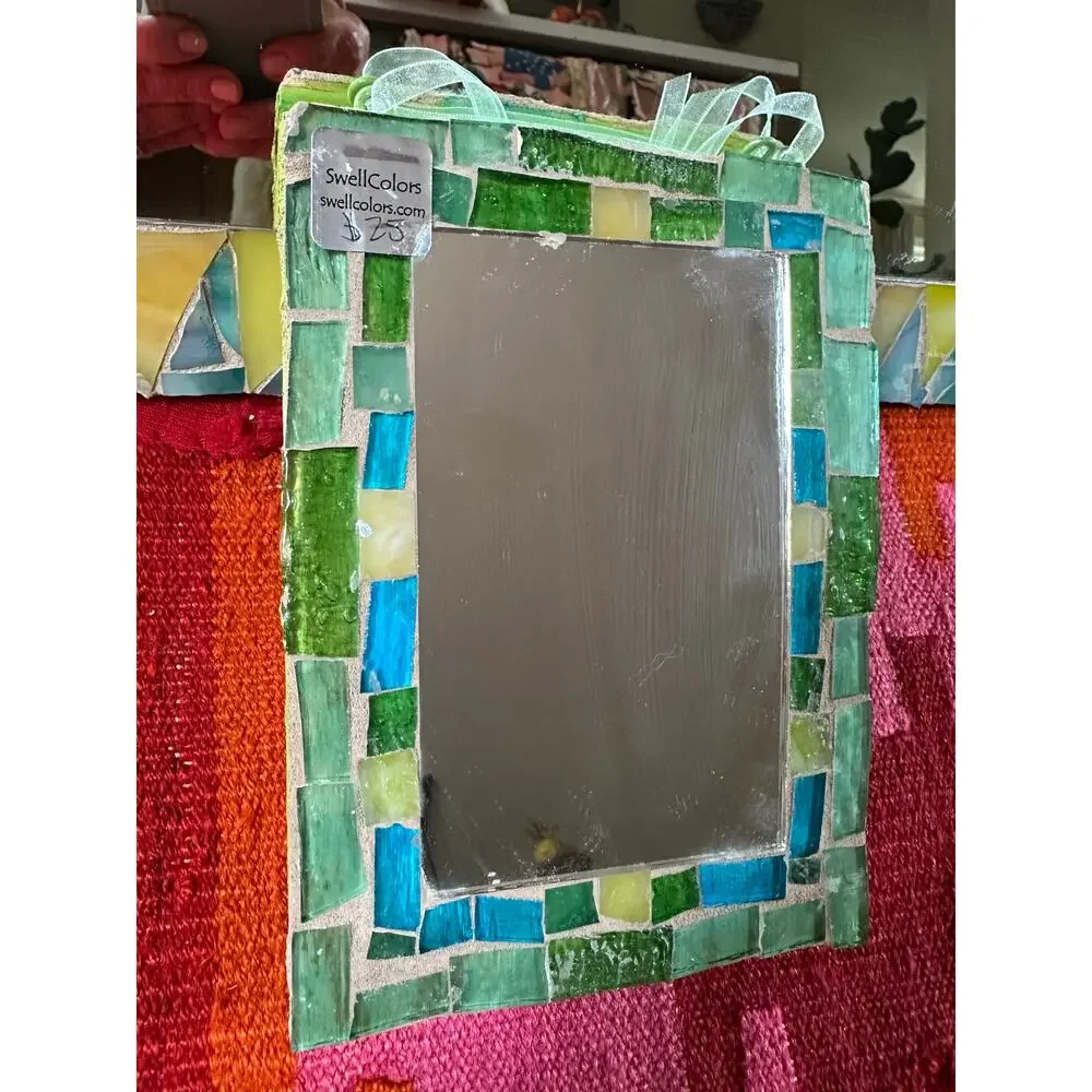 2 Vintage MOSAIC MIRRORS swell colors handmade bohemian green yellow 16x8”,8x6”